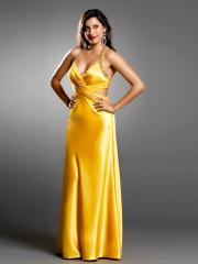 Yellow Satin Beaded Straps V-Neck Neckline Sleeveless Floor-Length Evening Dress