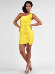 Yellow Spandex Zipper Side Ruffle One Shoulder Dress with Rouched Waistline